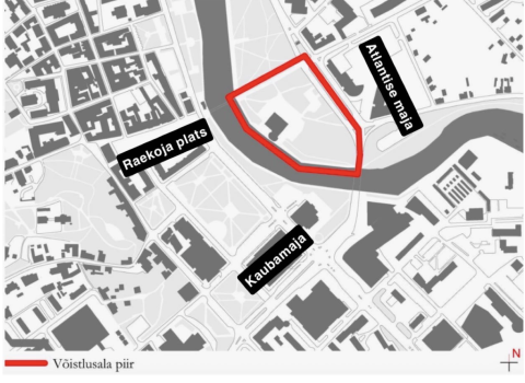  Holmi kvartali asukoht. Punase joontega märgitud alale tehakse Holmi kvartali arendamiseks detailplaneering. Allikas: Tartu Linnavalitsus  Koostaja: Olivia Paet